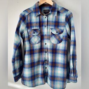 Pendleton Blue Brown Plaid Wool Blend Flannel Board Shirt Size Small